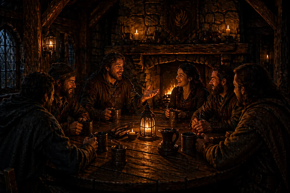 A circle of travelers gathered around a glowing hearth — warm light, mismatched chairs, the sound of stories