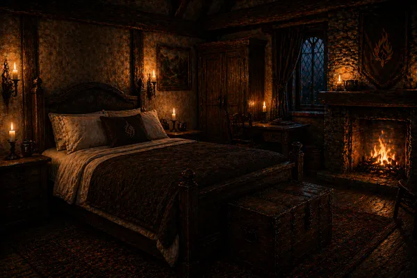 The Ember Room — warm light, stone fireplace, quilted bed in amber tones