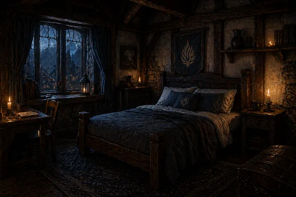 The Northwatch Room — cool blue-grey stone, tall window overlooking northern roads